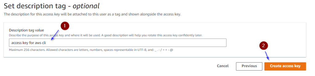 Creating AWS IAM user access key and secret key